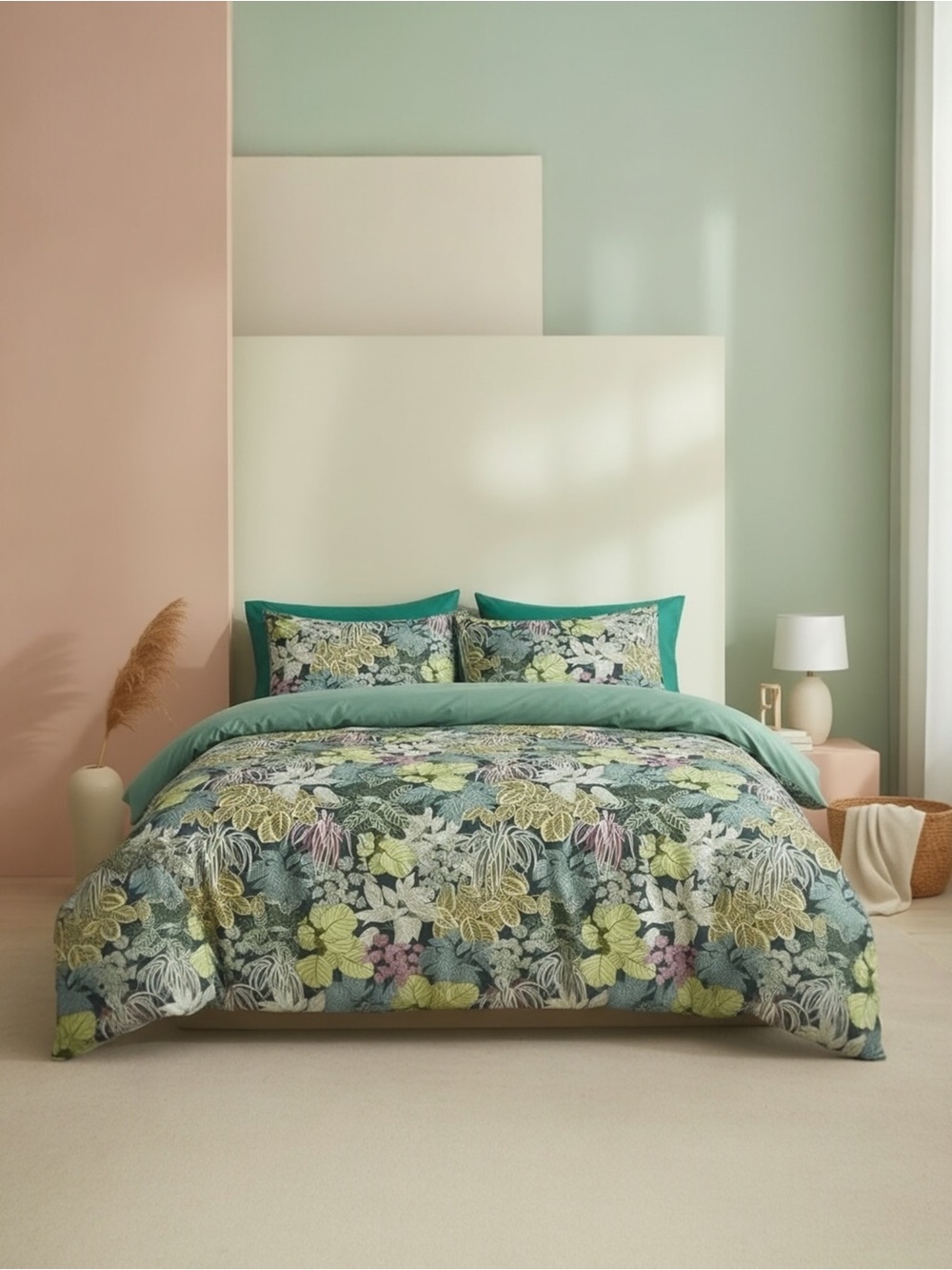 NEW Anthro Green Botanical Print Boho Queen / King Size Bedding Duvet & Sham Set